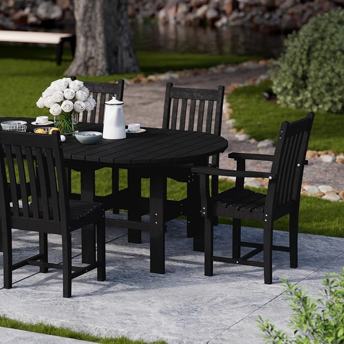 Wildridge Classic 7-Piece 44"x84" Dining Set, Black - Outdoor Weather Resistant Recycled Plastic Furniture for Patio