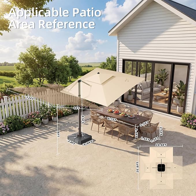 9' X 12' Patio Umbrella with Weighted Base and LED Lights Outdoor Cantilever Large Rectangle Offset Umbrellas Heavy Duty Aluminum Double Top with 360-degree Rotation for Pool Garden Deck, Beige