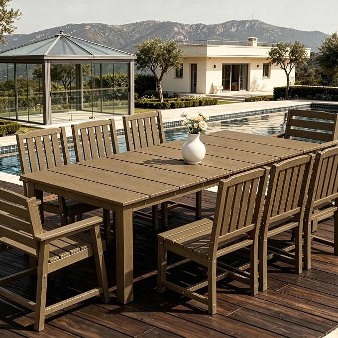 AreShark Outdoor Dining Table,All Weather Rectangular Patio Table for 6,Heavy-Duty HDPE Table with Umbrella Hole and Aluminum Frame,Weatherproof Outdoor Furniture for Backyard, Garden,Brown