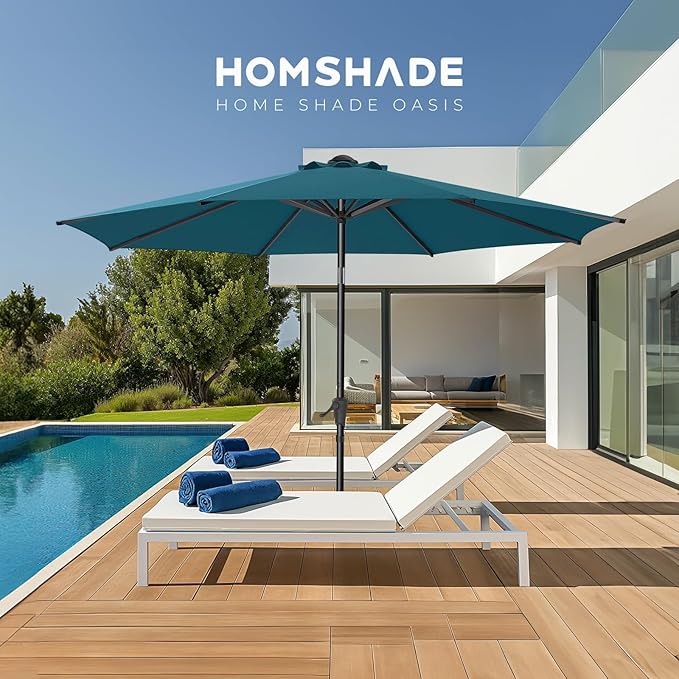 HOMSHADE 9ft Outdoor Patio Umbrella - Market Table Pool Deck Umbrella UPF50+ UV Protection with Push Button Tilt, Crank and 8 Sturdy Ribs (Peacock Blue, No base)
