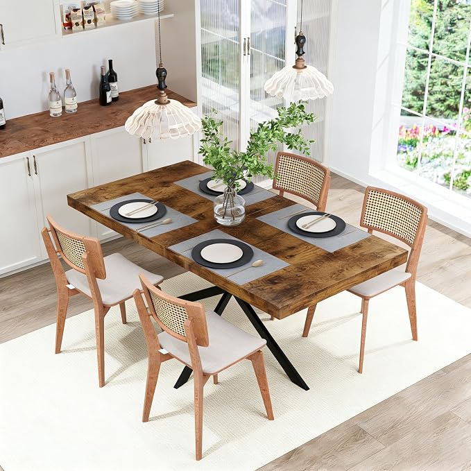 55.11" -70.86" Extendable Dining Room Table, Retro Folding Dining Tables for 4-6 People with Antique Wood Top/Black Fine Sand Cross Iron Foot Base/Storage Box, Brown