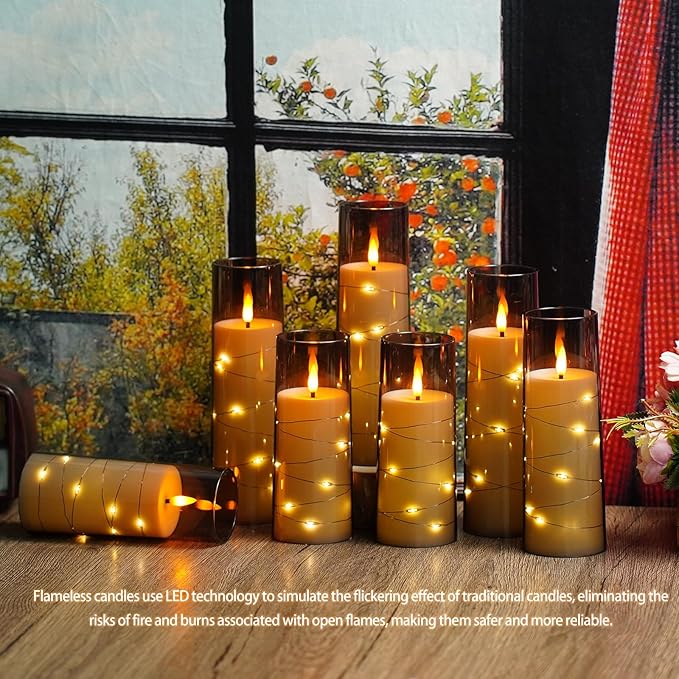 Nimiko Flickering Flameless LED Candles,Battery Operated Candles 24 Pcs with Embedded Star String,Acrylic LED Pillar Candles with Remote,Suitable for Home Decoration to Create an Atmosphere (Grey)
