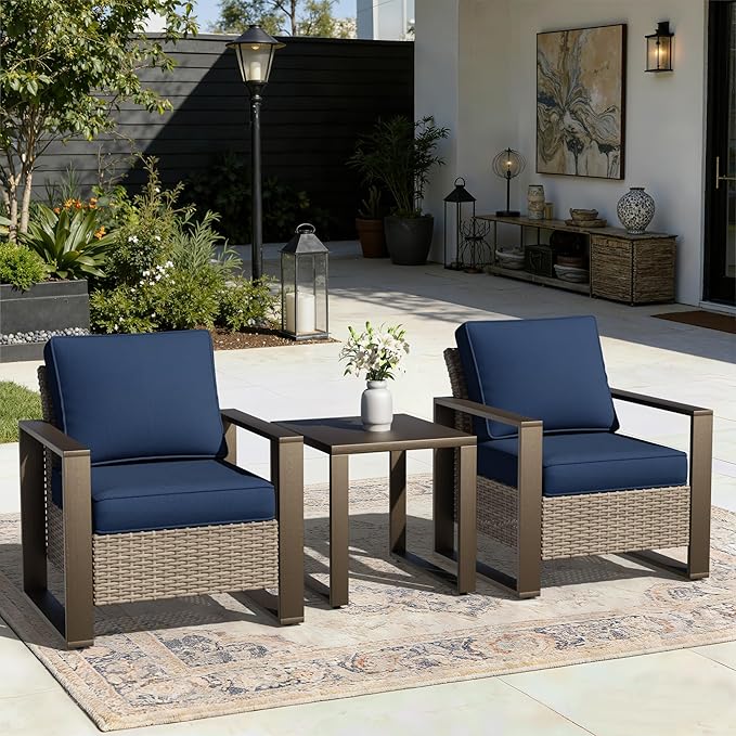 Joyside Outdoor Patio Chairs, 3 Pieces Wicker Rattan Furniture Set, 2 Patio Chairs and 1 Table, Metal Wide Armrest, Thick Cushions and Deep Seating for Garden, Backyard, Porch, Deck