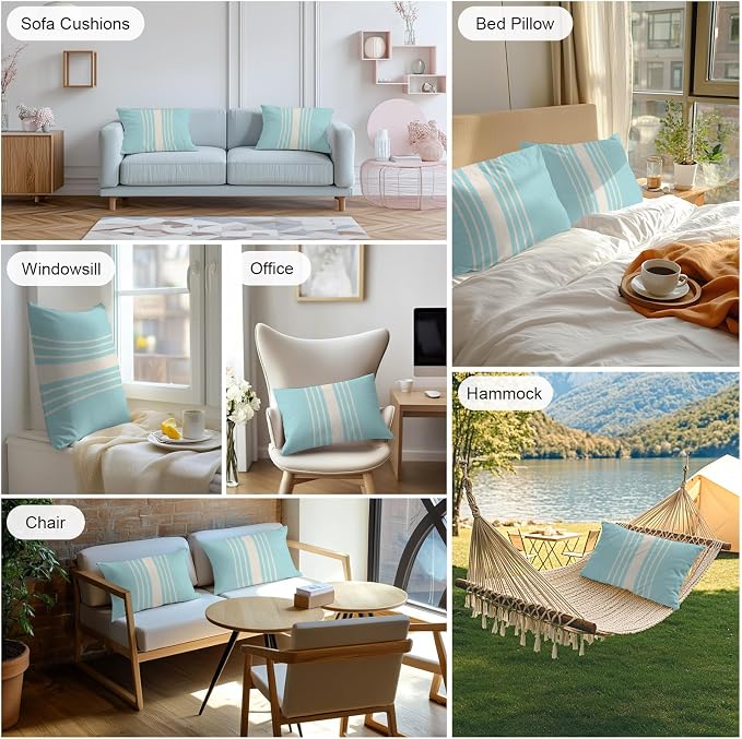Aqua Beige Striped Outdoor Pillow Covers 20x12 Inch Lumbar Pillow Covers Set of 2 Waterproof Decorative Throw Pillow Cases Modern Farmhouse Retro Lines Cushion Covers for Patio Furniture Garden Couch