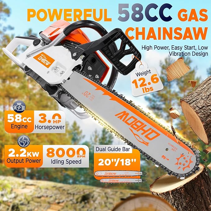 58 cc 2-Cycle Gas Chain Saw, 20 in & 18 in Gas Powered Chainsaw, Handheld Powerful Gasoline Chain Saw, Quick-Start System, Professional & DIY for Cutting Wood Tree Trimming