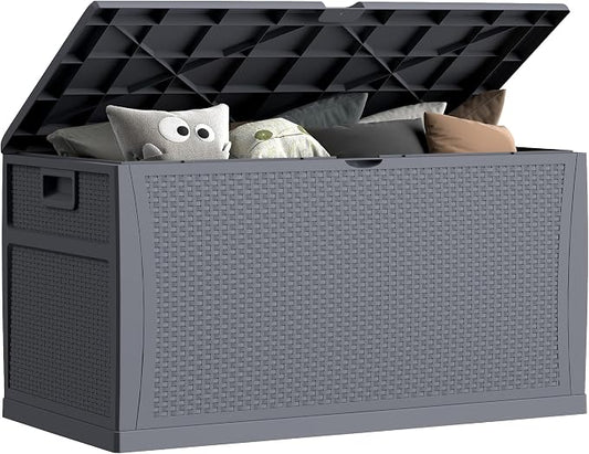 EHHLY 121 Gallon Outdoor Storage Box Large, Lockable Outside Storage Containers Waterproof Patio Cushions Deck Boxes, Rattan Plastic Garden Hose Boxes Resin Pool Storage Bins, Grey