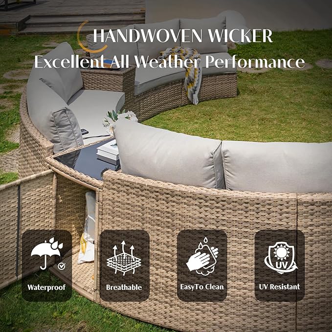 PaPaJet Patio Conversation Set, 3 Piece Half-Moon Sectional Round Patio Furniture Set, Wicker Sofa Set, for Backyard Patio Garden, Beige