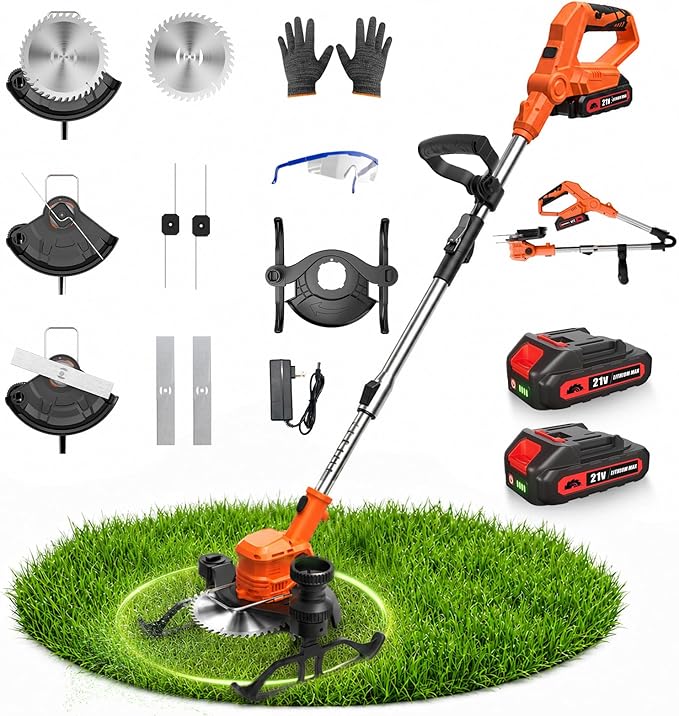 3 in 1 Cordless Weed Wacker, 21V Battery Powered Weed Eater, Lightweight Grass Trimmer/Edger/Lawn Mower/Brush Cutter with 2 x 2.0Ah Batteries and 3 Types Blade for Garden and Yard