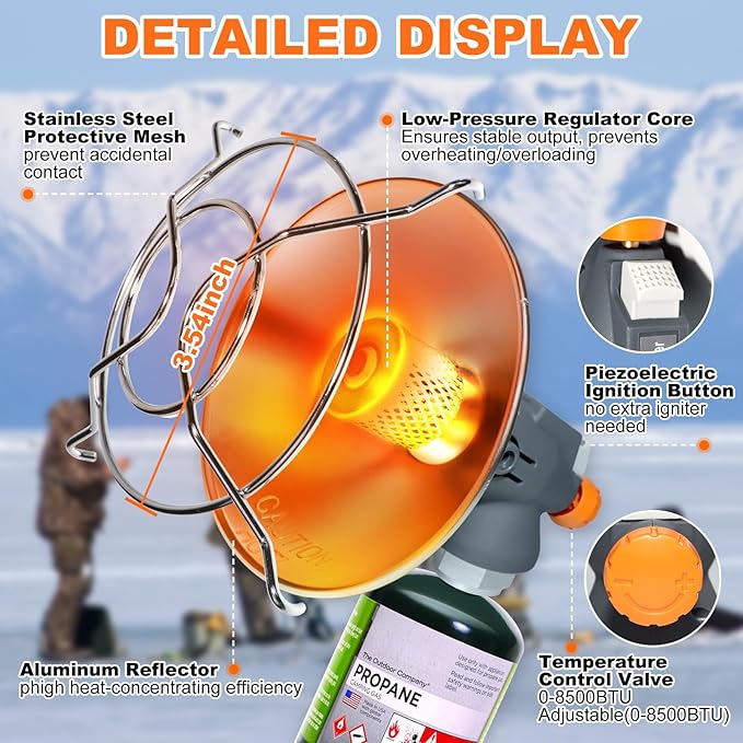 Portable Propane Heater Outdoor Camping Heater, 8500 BTU, Piezo Ignition, for Patio Tent Picnic Ice Fishing, With Cylinder Base Holder & Storage Case (Without Tank)