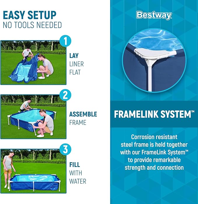 Bestway Steel Pro 87 Inch x 59 Inch x 17 Inch Rectangular Metal Frame Above Ground Outdoor Backyard Swimming Pool, Blue (Pool Only)