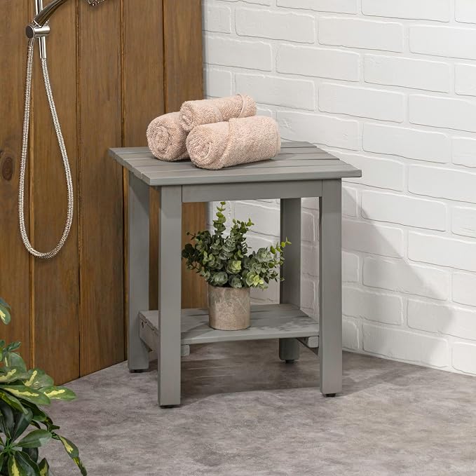 JONATHAN Y Kellie 16" Modern Gray Acacia Wood Outdoor Side Table with 2-Tier Storage, Weather-Resistant Rectangular Slatted End Table for Patio, Garden, Deck, and Porch END6001G