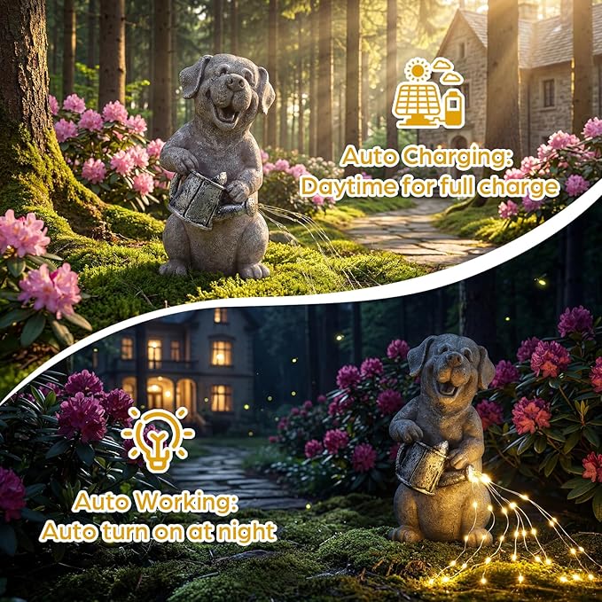 Lavezee Dog Statues Outdoor with String Lights for Garden Decor, Dog Garden Statue for Patio Lawn Porch Walkway Yard Decoration, Ideal Gifts for Dog Lovers Women Mom Grandma