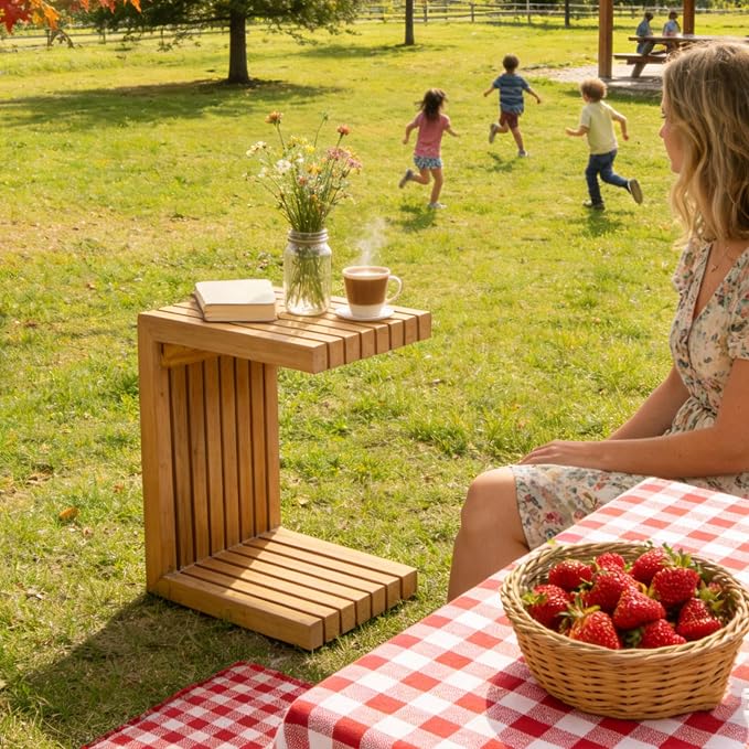 OTSUN Outdoor Side Table, Teak Wood Weather Resistant with Slatted Design Multi Purpose for Patio Balcony Backyard Garden