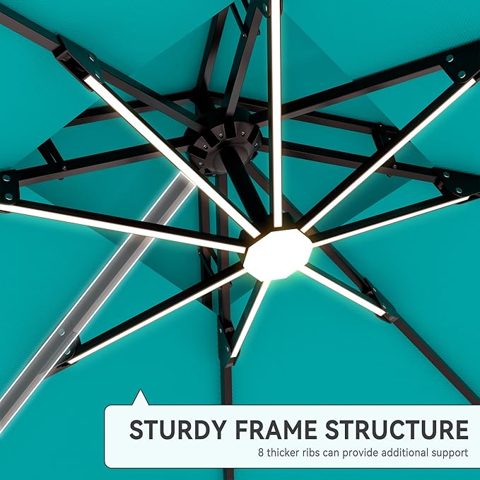 10' X 13' Cantilever Patio Umbrella with Led Lights Double Top Rectangular Outdoor Large Offset Umbrellas with 7 Tilts Adjustable 360°Rotation for Deck Pool Garden Backyard, Turquoise