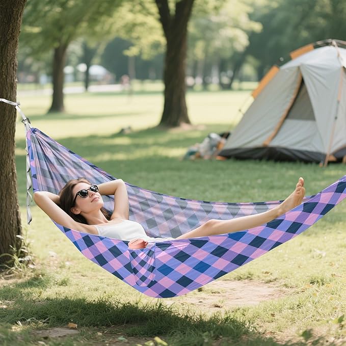 Camping Hammock Outdoor Hammocks for Outside Purple Blue Checkered Beach Trees Portable Lightweight with Pockets Tree Straps Indoor