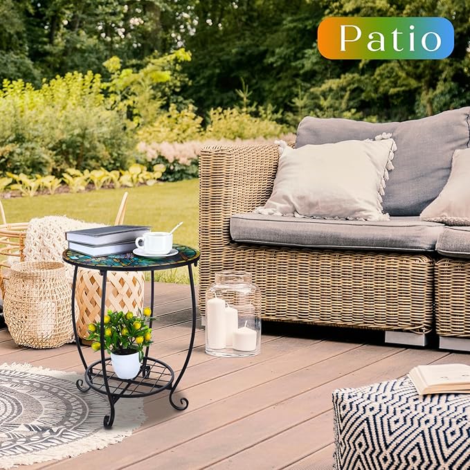 Cinnvoice Outdoor Side Table Round Small Mosaic Patio Accent Indoor End Plant Coffee Tea Table for Yard Patio Porch Garden Living Room, Bedroom(Butterfly Style,16 Inch)