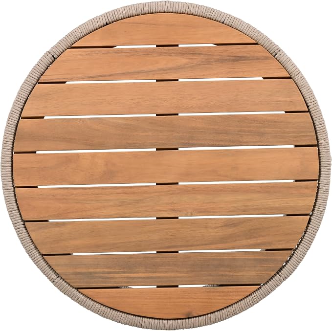 26" Outdoor Rustic Coffee Table,Rattan Rope & Acacia Wood Center Table with Round Top & Iron Frame, Easy Assembly, Versatile Weather-Resistant Patio Furniture for Garden, Yard, Balcony, Beige Teak