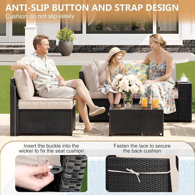 JOYURE 6 Pieces Patio Furniture Set, Outdoor Sofa with Waterproof Cushions, Rattan L Shaped Patio Couch & Coffee Table, Modern Outdoor Furniture for Backyard, Deck, Balcony – Beige