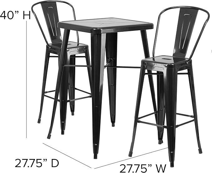 EMMA + OLIVER Commercial Grade 23.75SQ Black Metal Indoor-Outdoor Bar Table Set-2 Stools-Backs
