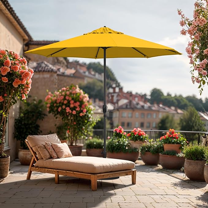 California Umbrella 8-Year Protection 9 Ft Outdoor Patio Umbrella, Solstice Fade-Resistant Fabric, Auto-Tilt, Heavy Duty Aluminum Frame, 8 Reinforced Ribs for Pool or Deck, Bronze Pole, Lemon