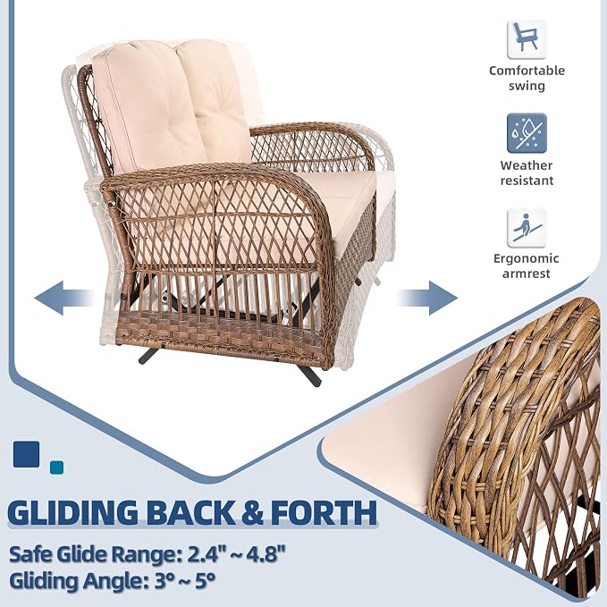 4-Piece Wicker Patio Furniture Sets Outdoor All-Weather Rattan Conversation Set Includes Glider Loveseat, Glass-Top Coffee Table, 2 Glider Rocker Chairs with Thickened Cushions
