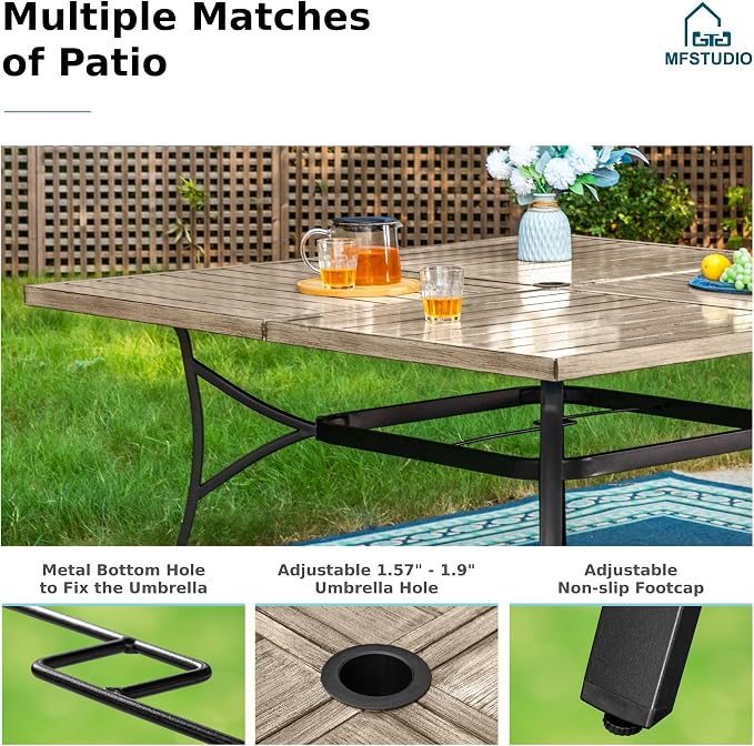MFSTUDIO 9 PCS Patio Dining Set with 8 Sling Dining Chairs and 1 Square Wood Like Top Table for 8, All Weather Resistant Patio Furniture, Grey