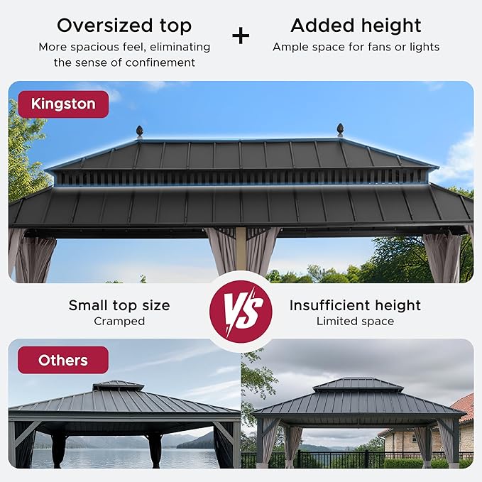 SUNJOY Kingston 20' x 12' Hardtop Wood Gazebo with Galvanized Steel Double Roof, Curtain and Netting, Cedar Posts Permanent Pavilion Gazebo for Garden, Patio, Deck, Lawn