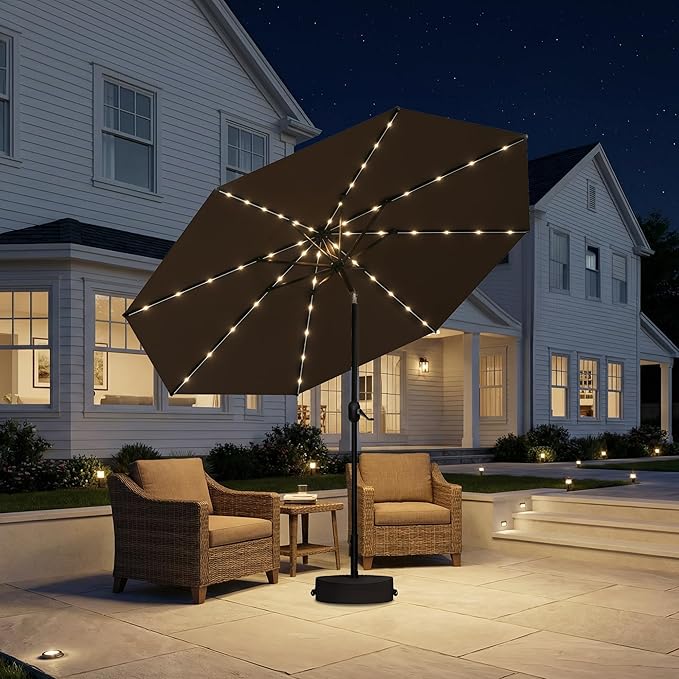 PURPLE LEAF 10' Round Patio Umbrella with Solar LED Outdoor Table Umbrella Aluminum Frame Market Umbrella with 8 Sturdy Ribs & Tilt for Garden Deck Lawn Pool Taupe