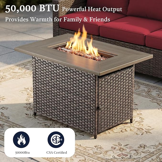 Patio Furniture Set with 41" Fire Pit Table - High Back Patio Conversation Set with 4 Inch Thick Cushions and Deep Seating Swivel Glider Chairs & Outdoor Couch for Porch Deck Yard Pool Brown