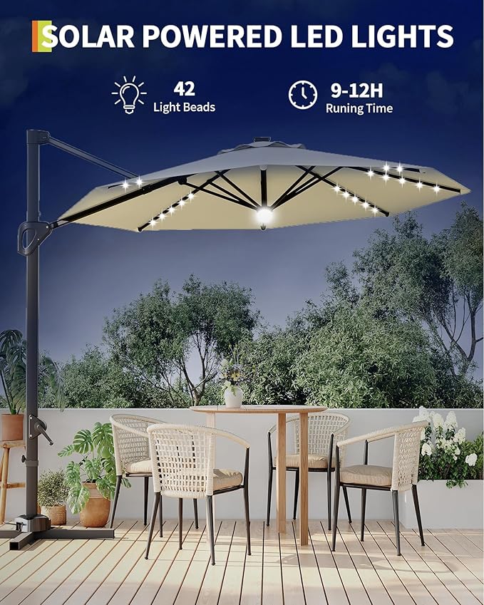 GarveeLife 10FT Patio Umbrella Outdoor Solar LED Large Cantilever Umbrella Market Sun Shade Windproof Offset Umbrella with 360-Degree Rotation for Garden Deck Pool Patio