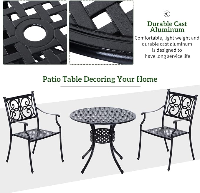 Outsunny 33" Patio Dining Table Round Cast Aluminium Outdoor Bistro Table with Umbrella Hole - Black