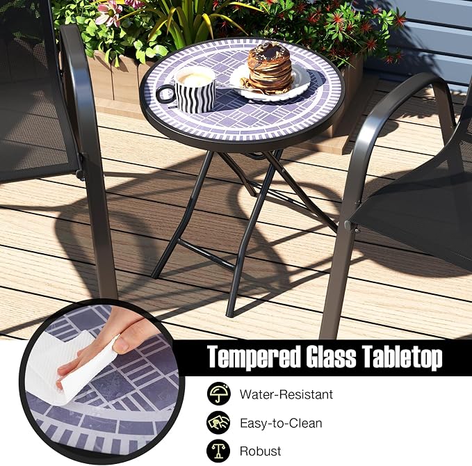 Tangkula Round Folding Side Table, 18 Inch Patio Coffee Table with Tempered Glass Tabletop and Metal Frame, Indoor Outdoor Small Side Table for Yard, Balcony, Porch, Poolside (Grey,2)