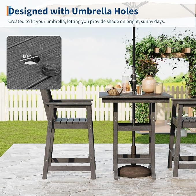 Takywep 31.5" Square HDPE Wood Grain Outdoor Bar Table, 39.6" High Weatherproof Pub Table for Patio and Poolside, Tall Bistro Table with 300 Lb Weight Capacity and Umbrella Hole, Dark Grey