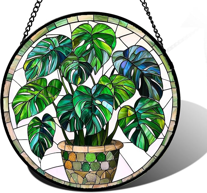 DASTOLL Stained Glass Window Hanging, Green Plant Monstera t Suncatcher Diamond Colorful Glass Panel Sun Catchers Decor for Birthday for Women, Men, Wife, Aunt, and Mom 9.8 in