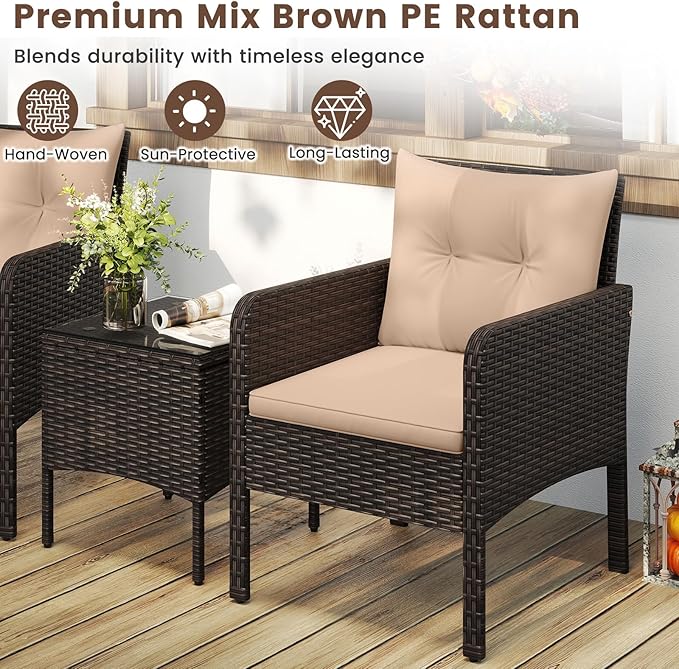 HAPPYGRILL 3 Piece Patio Bistro Set Rattan Wicker Outdoor Conversation Set with Cushions and Coffee Table, Outside Furniture with Rattan Chairs for Porch, Balcony, Deck and Garden (Beige)