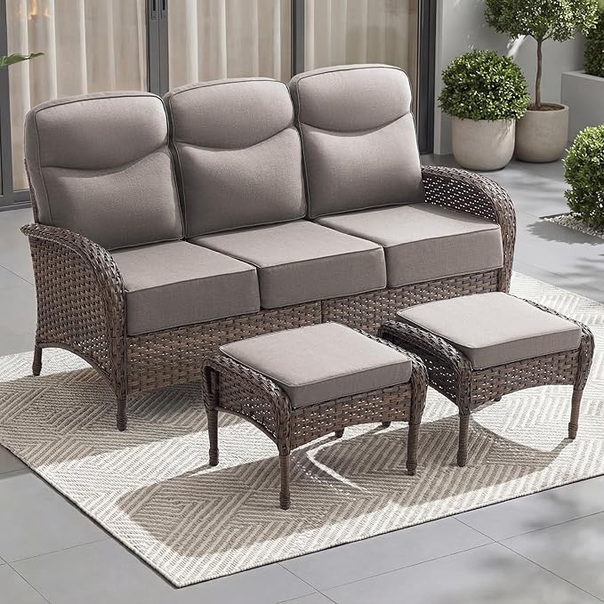 Outdoor Patio Sofa Set (3pcs) with High-Back Design—Thickened Cushions, Sofa Footstool, Patio Set, All-Weather Wicker Patio Furniture Set, Suitable for Balconies and Patios, Available in Brown/Gery