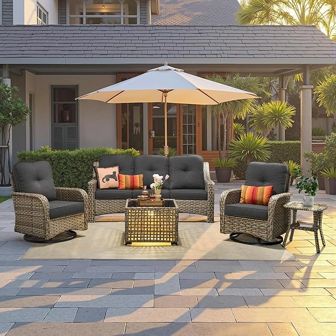 Outdoor Patio Furniture Set, 5-Piece PE Wicker Sofa with Shiny Table and Swivel Chairs, Outdoor Conversation Set for Patio, Garden, Backyard Black