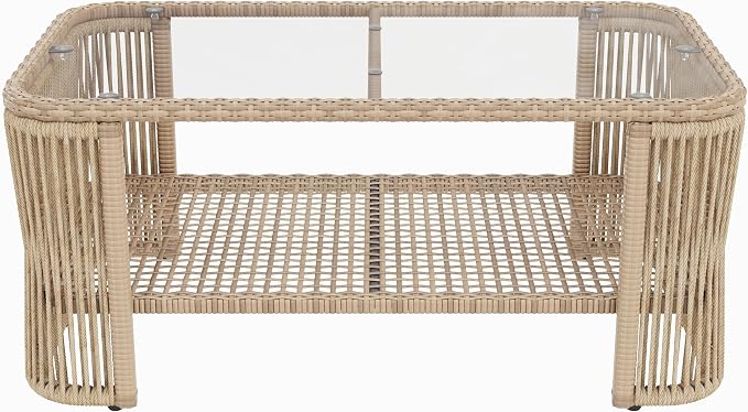 Christopher Knight Home Outdoor Patio Furniture Set, PE Rattan Wicker Conversation Sofa Set with Iron Frame Cushions and Glass Top Coffee Table, Modular Backyard Balcony Seating Set, Dark Beige