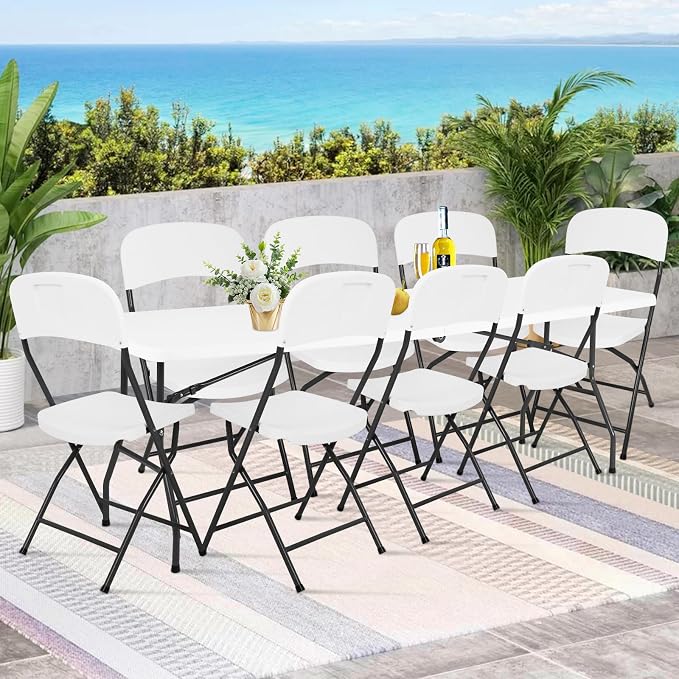 8ft Folding Table and Chairs, Outdoor Folding Chairs Set of 8, Foldable Table with Handle, Tables and Chairs for Parties, Picnic, Event, Indoor Outdoor Activities, at Home and Commercial Use, White