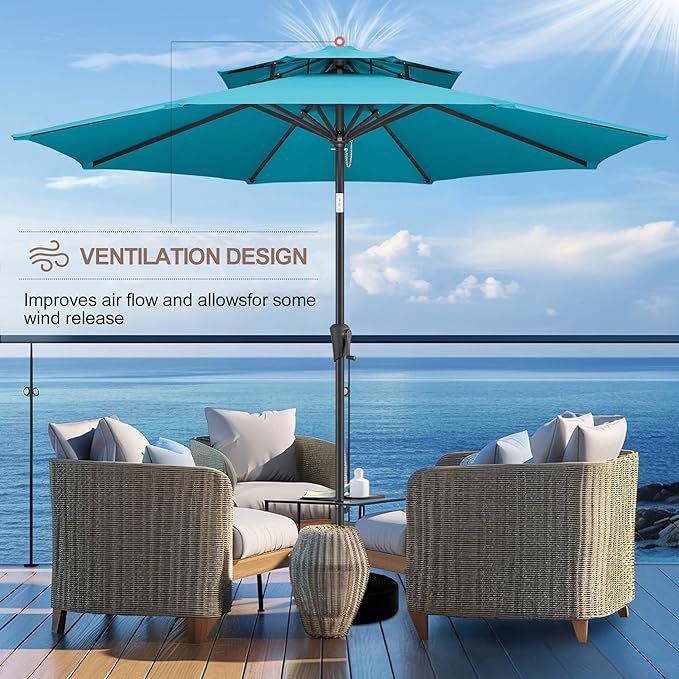 FLAME&SHADE 9ft Patio Umbrella - 2 Tiers Outdoor Umbrella with Push Button Tilt and Crank for UV Protection, Table Market Umbrella for Garden, Deck, Backyard, Pool and Beach(Aqua Blue)
