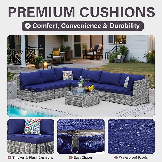 7-Piece Outdoor Patio Furniture Set – Handwoven All-Weather Rattan & 4” Thick Waterproof Cushions, Wicker Outdoor Conversation Sets with Coffee Table for Deck, Backyard, Garden, Blue/Grey