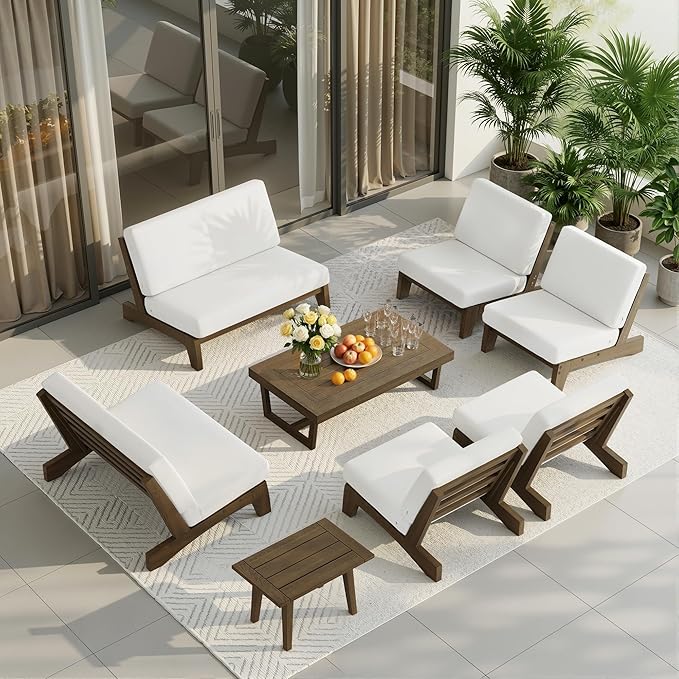 UIXE 8 Pieces Wood Patio Furniture Sets, 2 Patio Loveseat, 4 Patio Bistro Chair, All Weather Outdoor Sectional Sofa Furniture Backyard Conversation Set with Coffee Table - Beige