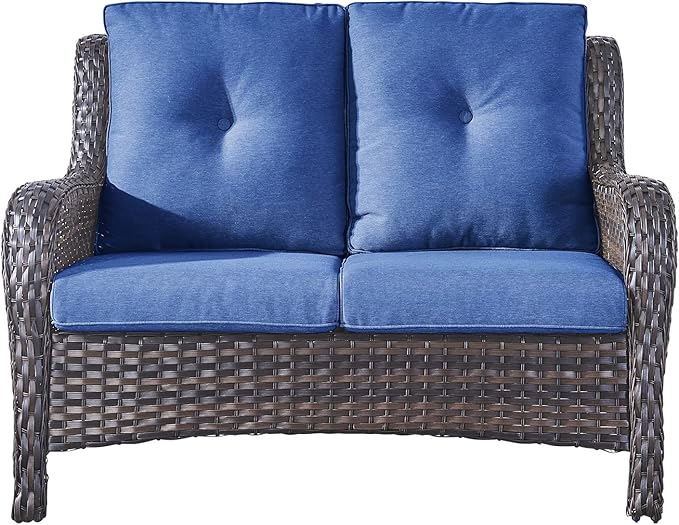 Rilyson Outdoor Loveseat Wicker Patio Sofa - 2-Seat Rattan Outdoor Couch Patio Furniture with Deep Seating and Comfortable Cushions for Outside Porch Deck Balcony(Brown/Blue)