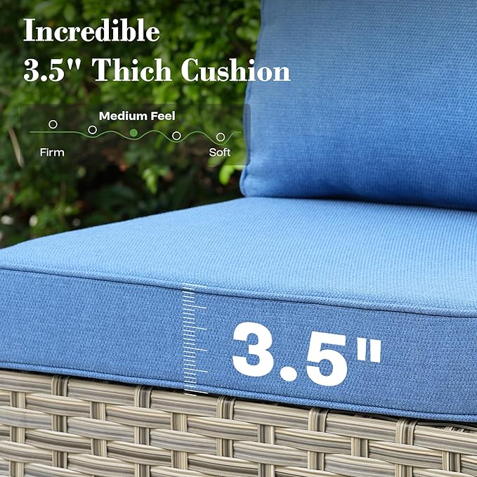 7 Piece Outdoor Patio Furniture with Glowing Coffee Table, Rattan Wicker Conversation Set with Sofa, Sectional Single Chairs for Outside Porch Balcony Backyard Pool,Light Blue
