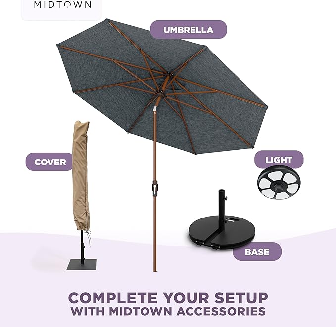 Midtown Umbrellas Wooden 2-8 Ft Patio Umbrella with 360° Swivel & Tilt Mechanism, 8 Fiberglass Ribs & Sunbrella Fabric - Outdoor Umbrella for Deck, Pool & Garden - Burgundy Canopy, Wooden Pole