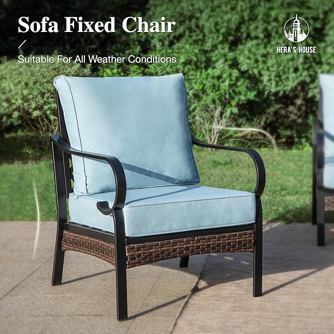 HERA'S HOUSE 5 Piece Metal Patio Furniture Set with 56" Fire Pit Table, All Weather Outdoor Conversation Set, 3 Seat Sofa with Loveseat, 2 Fixed Chairs, Seats 7 for Backyard, Garden, Deck, Blue