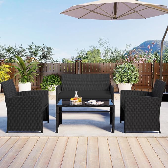 HAPPYGRILL 4 Piece Rattan Wicker Patio Conversation Set, Outdoor Furniture with Chair Loveseat Table & Cushion, for Backyard Porch Balcony (1, Black & Black)