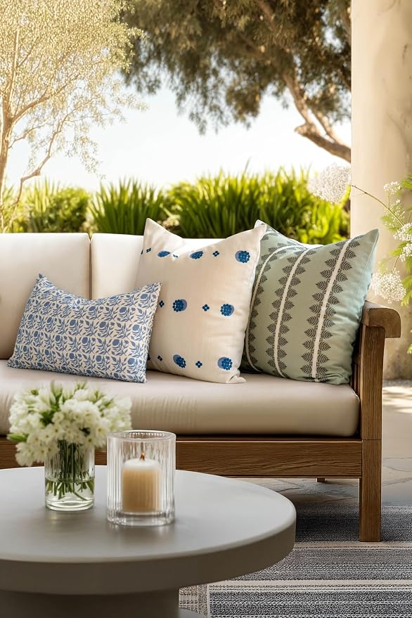 California Casual Coastal Indoor Outdoor Lumbar Pillow Cover, 12"x20" Water Repellent for Patio, Backyard, Couch, Poolside, Light Blue Print Floral and Leaves Geometric