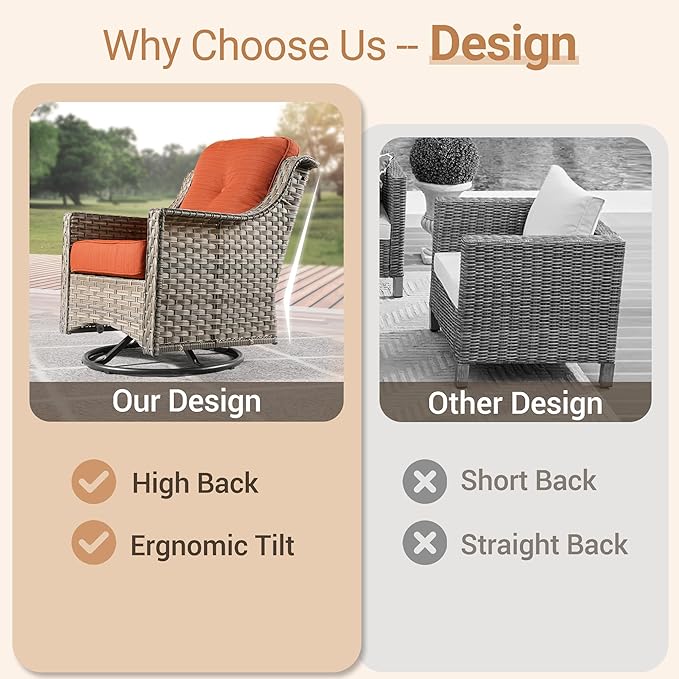 HOOOWOOO Patio Furniture Set,7 Pieces Wicker Outdoor Furniture,High Back Conversation Set with All Weather Resistant Fire Pit Table Couch Swivel Chairs Ottomans,Orange Red
