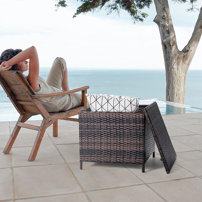 Outdoor Small Deck Box with Lid, Outdoor Wicker Side Table with Storage, Wicker Storage Box Patio Rattan End Table Small Resin Square Container Coffee Table Outdoor Side Table Patio Storage Box